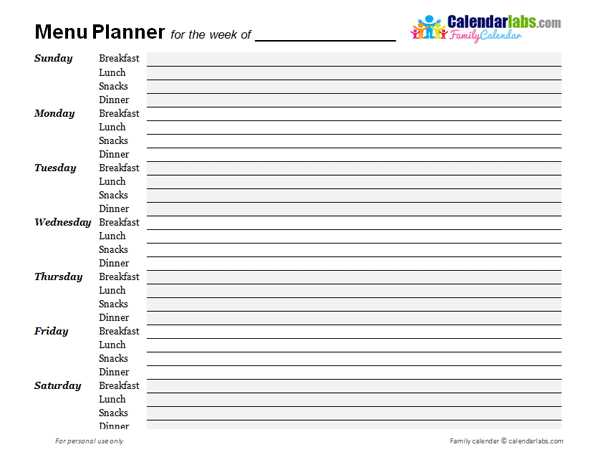 menu calendar template