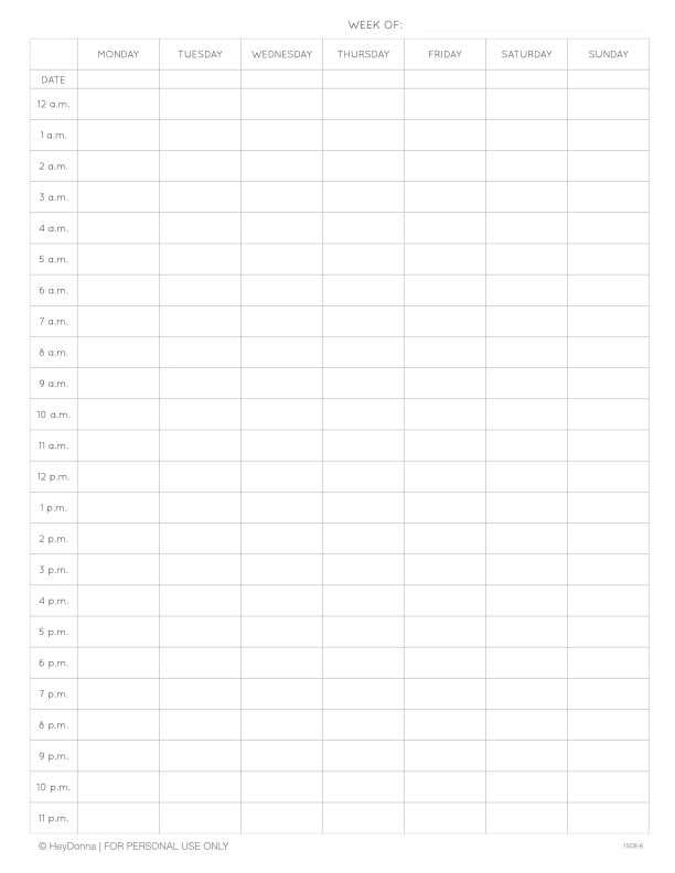 weekly calendar by hour template