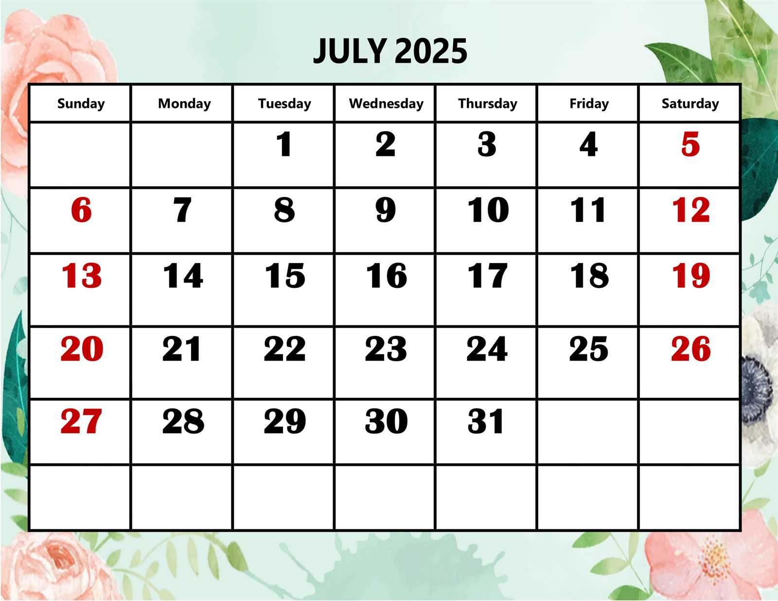 calendar template july 2025