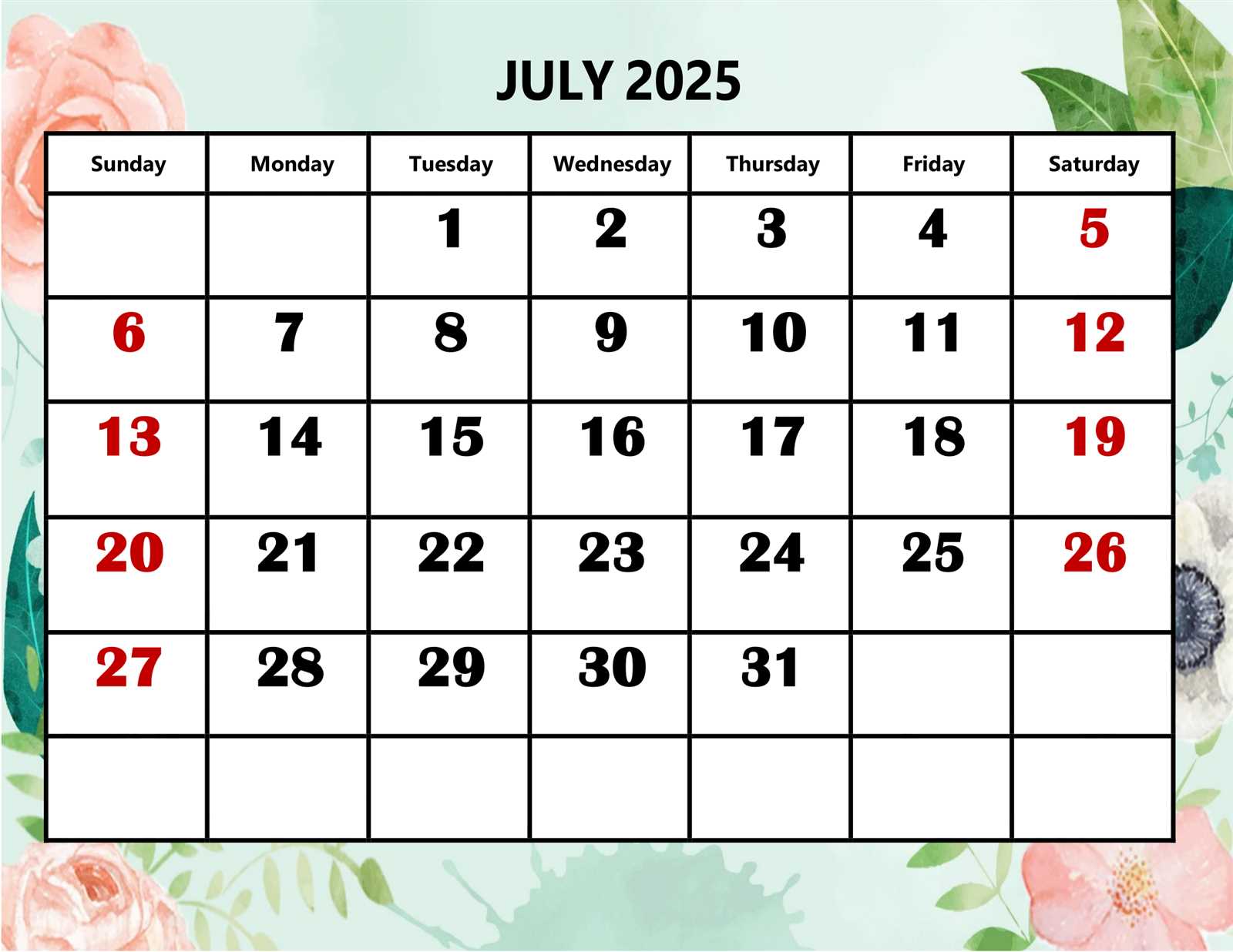 calendar template july 2026