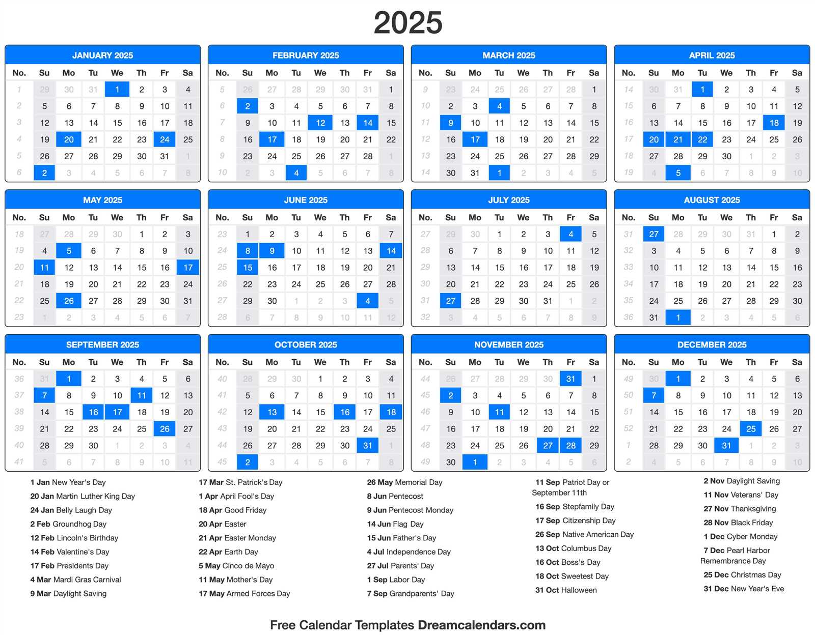 calendar template with holidays 2025