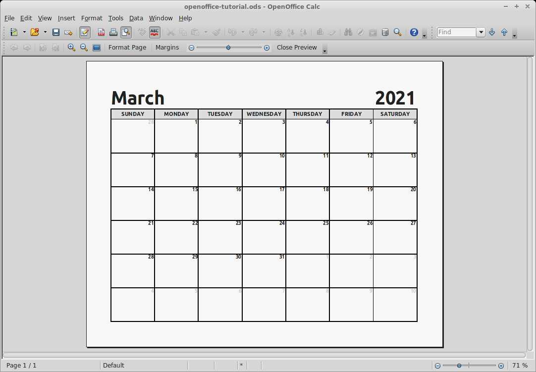 open office monthly calendar template