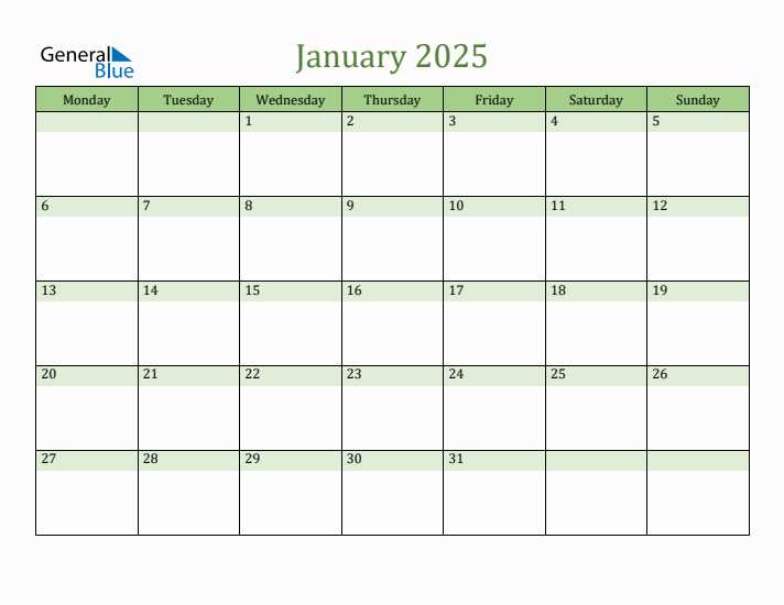 2025 january calendar template