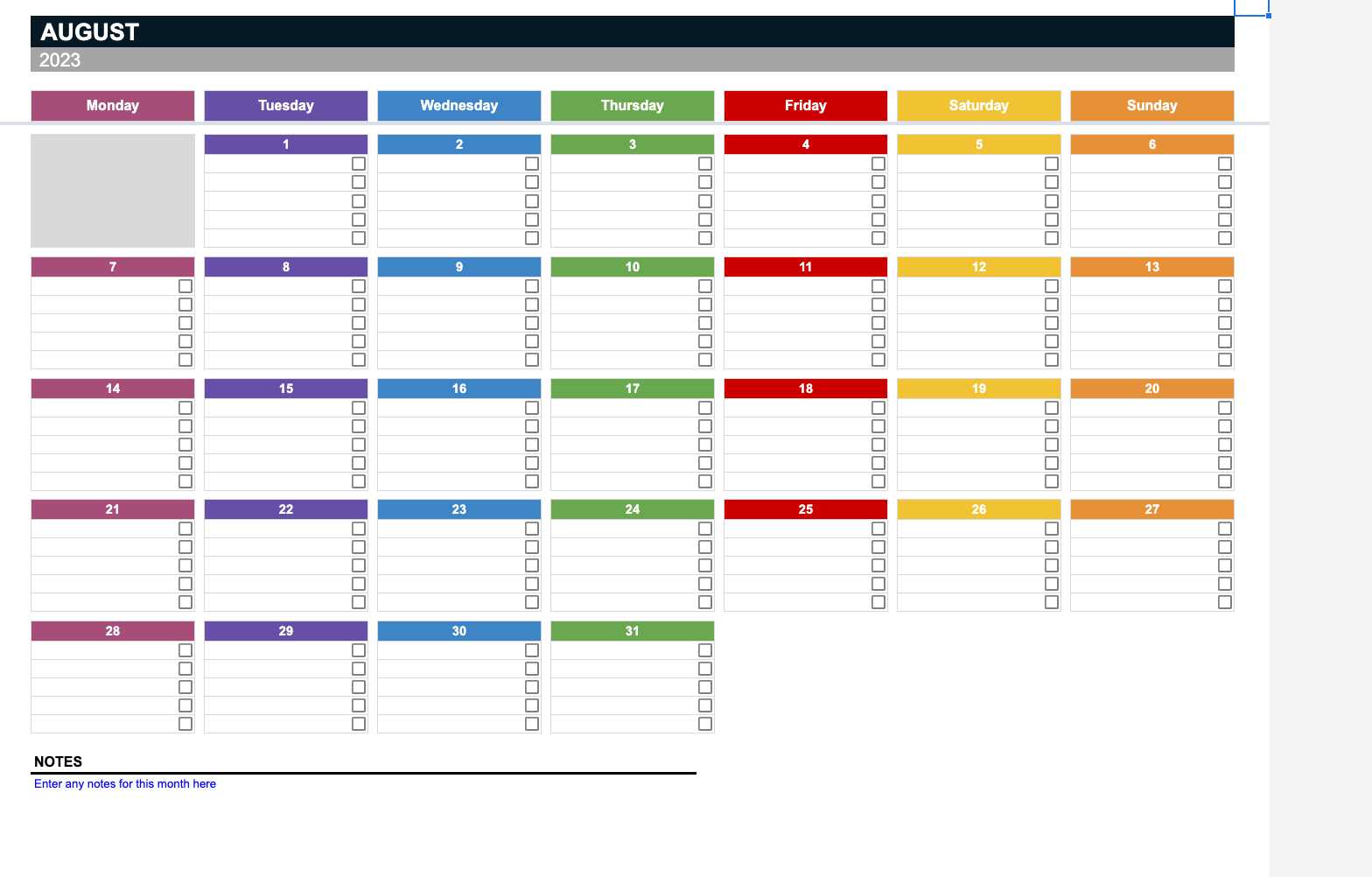 test calendar template