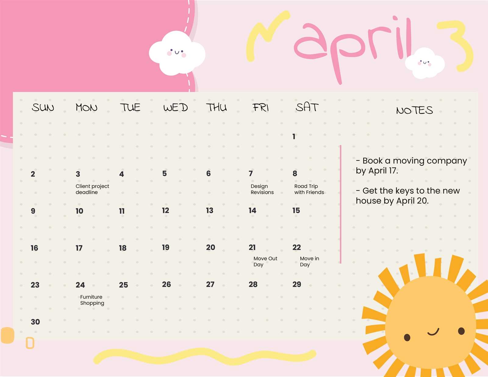 pink calendar template