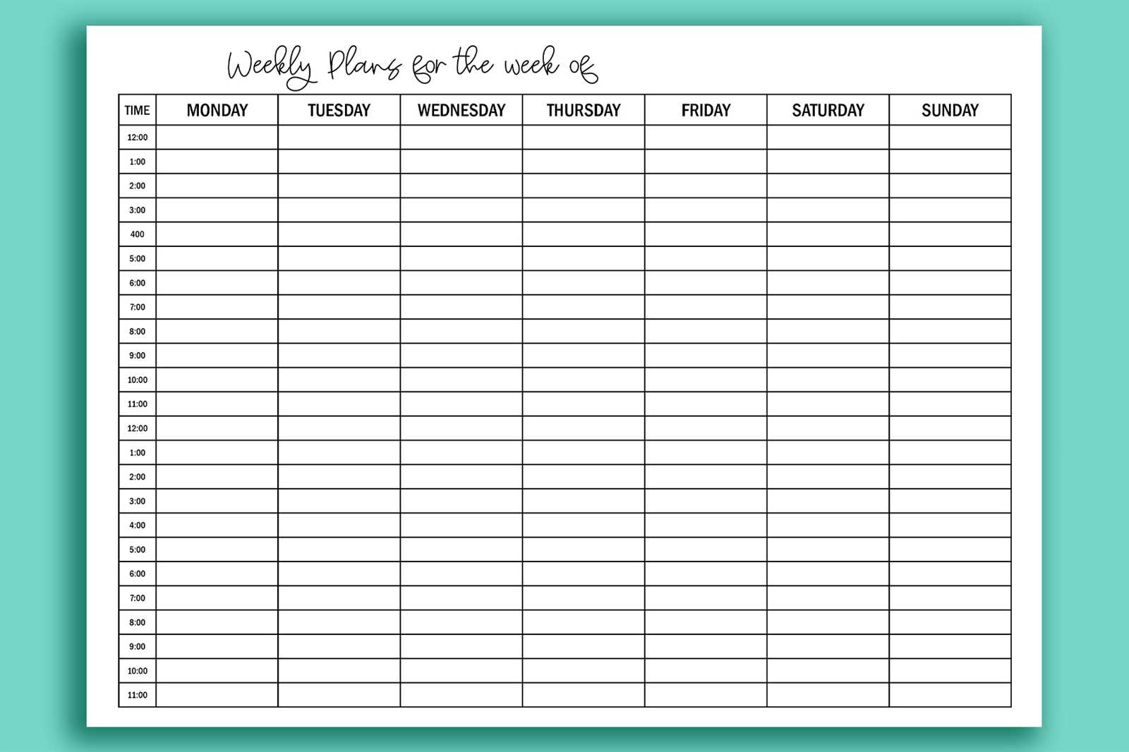 weekly calendar template hourly