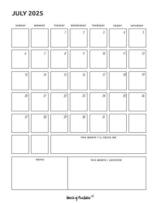 blank calendar template july 2025 printable