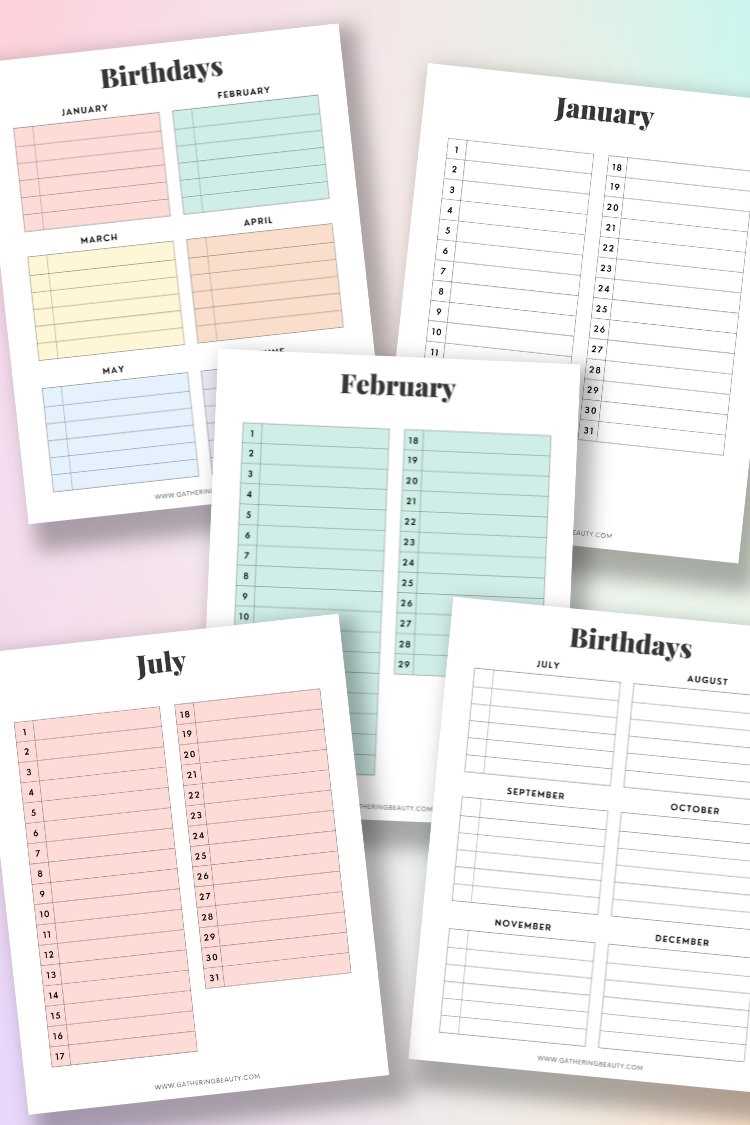 yearly birthday calendar template