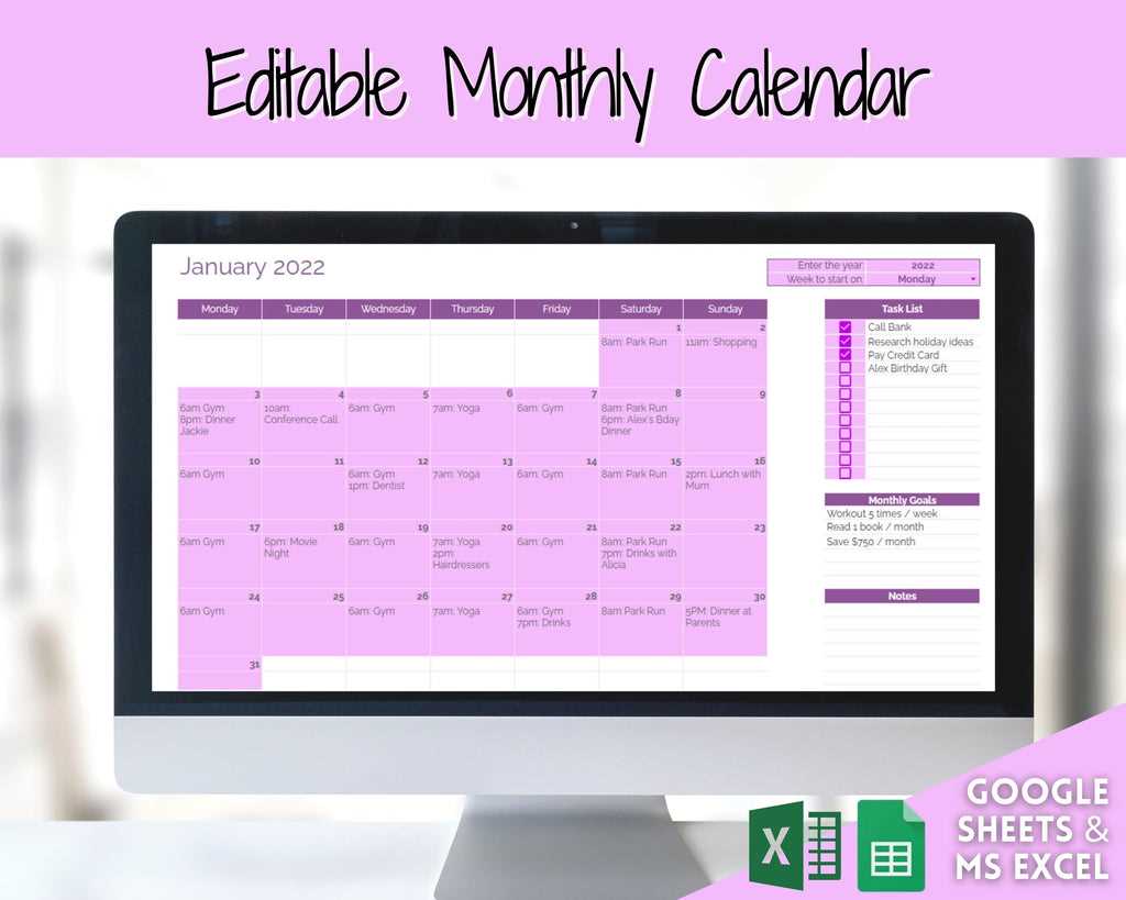 monthly calendar list template