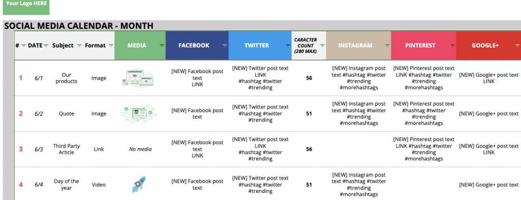 content calendar template social media