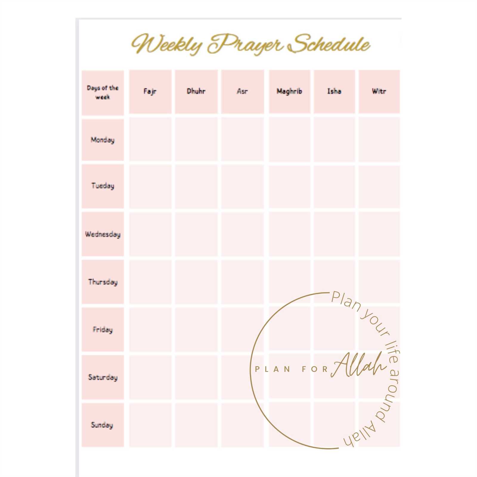 weekly prayer calendar template