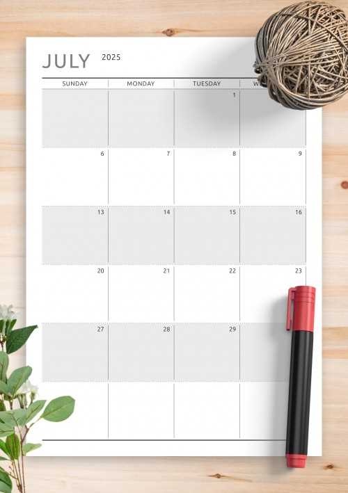 july monthly calendar template