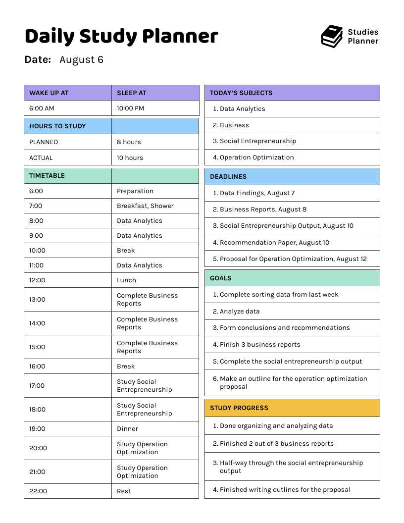 study calendar template