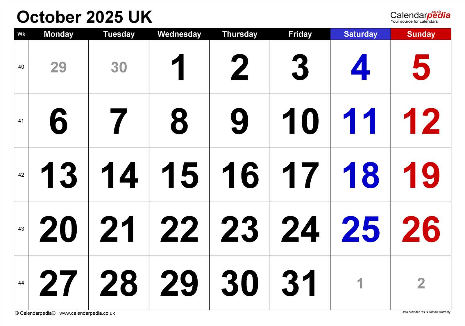 monthly calendar template october 2025