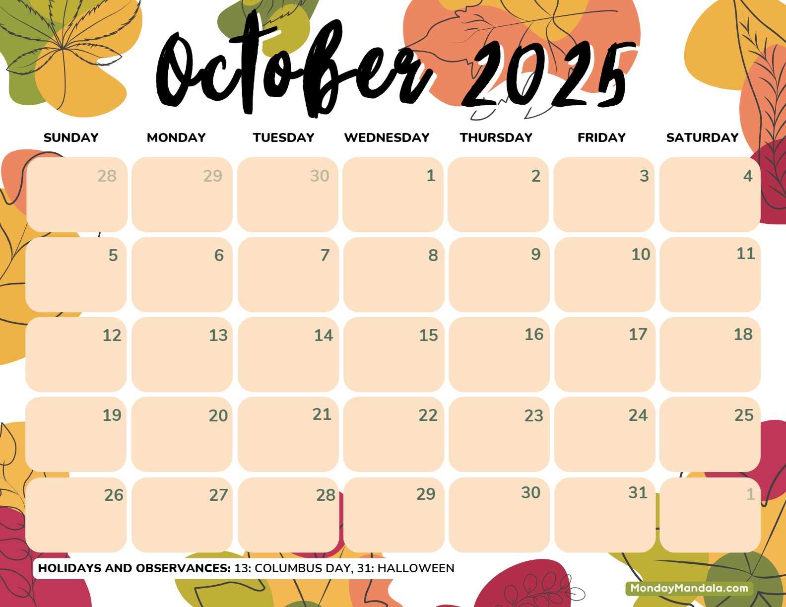 october 2025 calendar template