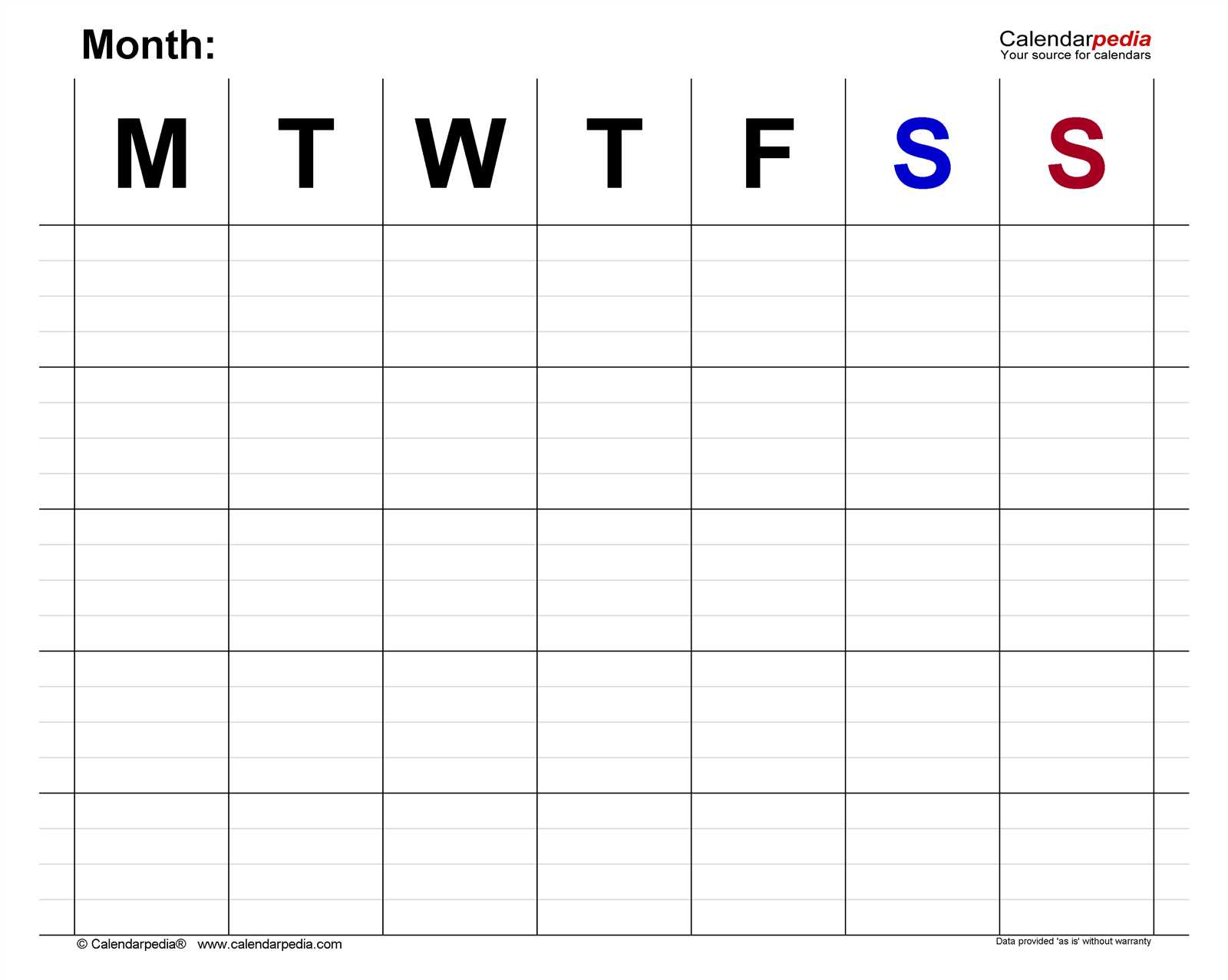 free monthly calendar template