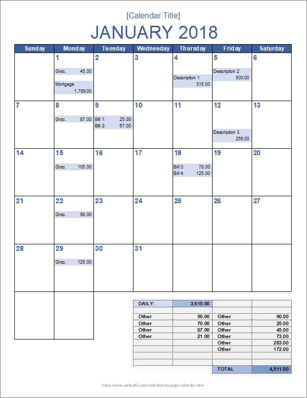 monthly bill pay calendar template