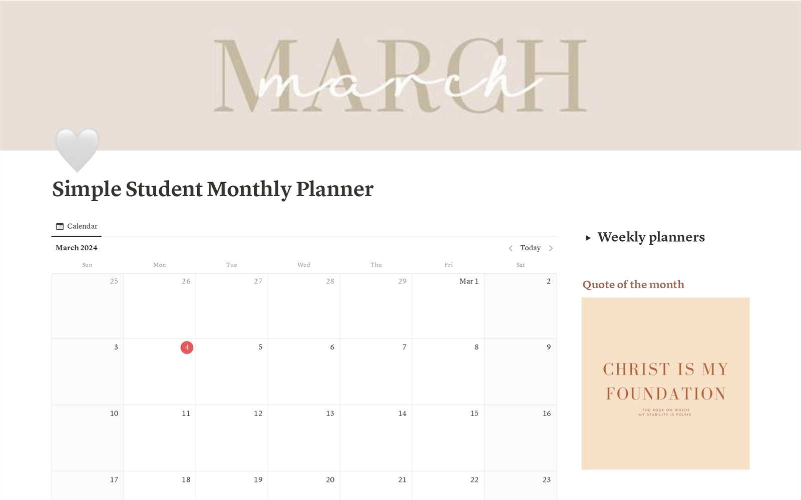 student calendar planner template