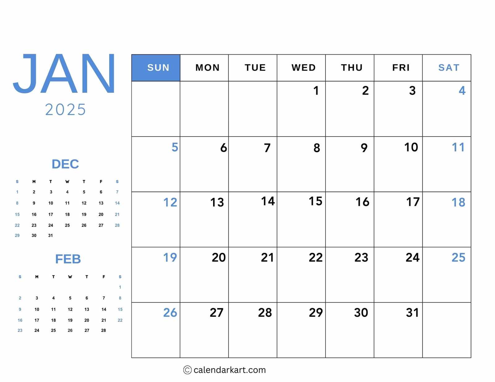 printable january 2026 calendar template