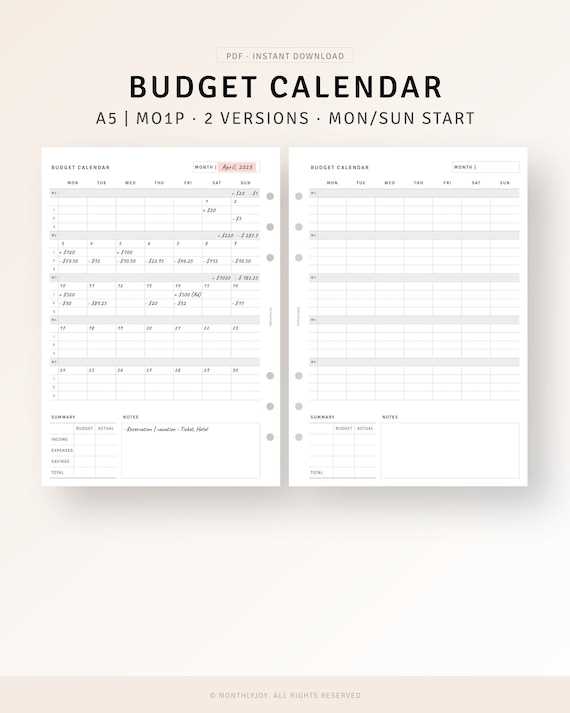 finance calendar template