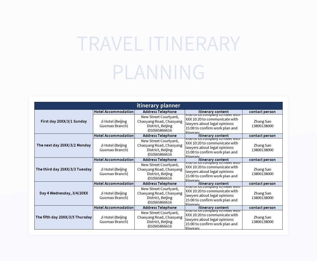 travel itinerary calendar template