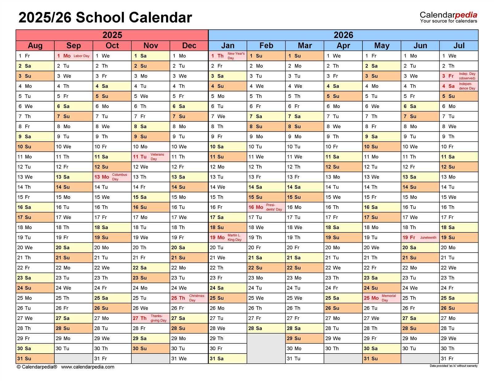 2025 school calendar template