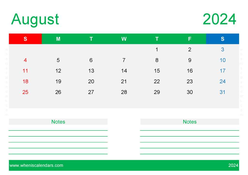 august blank calendar template