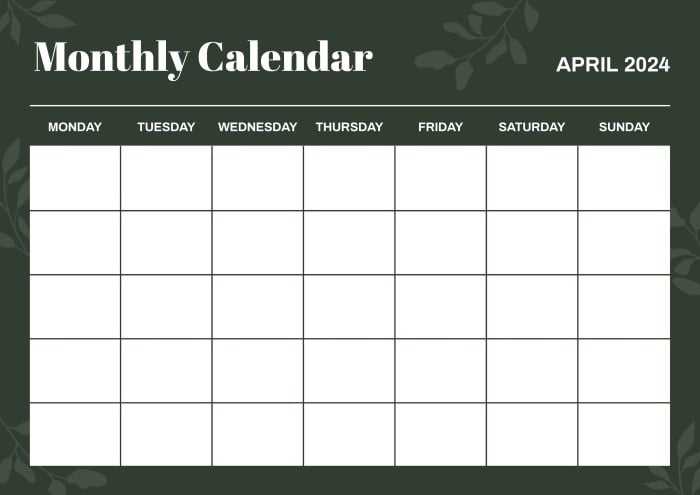 blank calendar template april