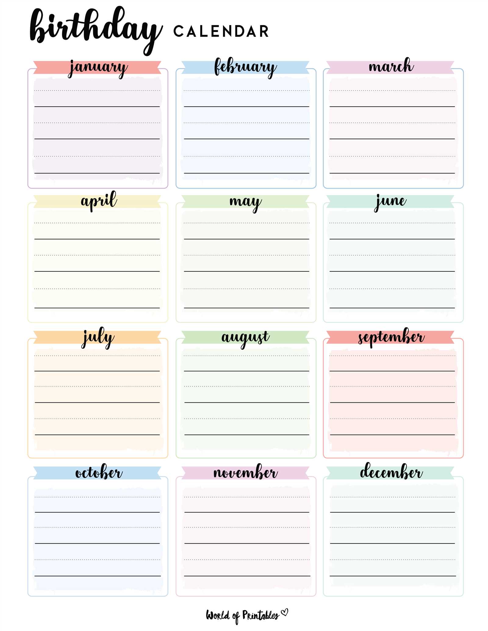 birthday calendar template free printable