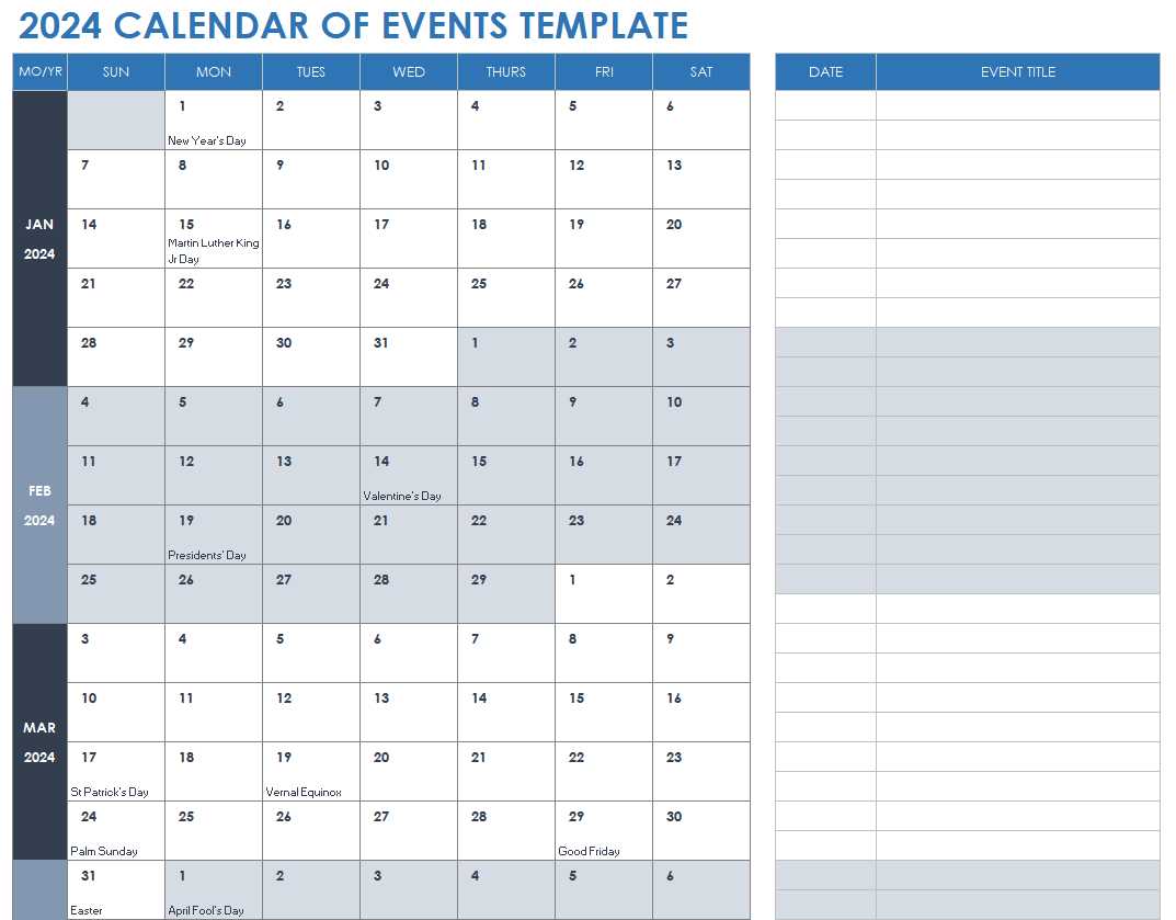 weekly calendar of events template