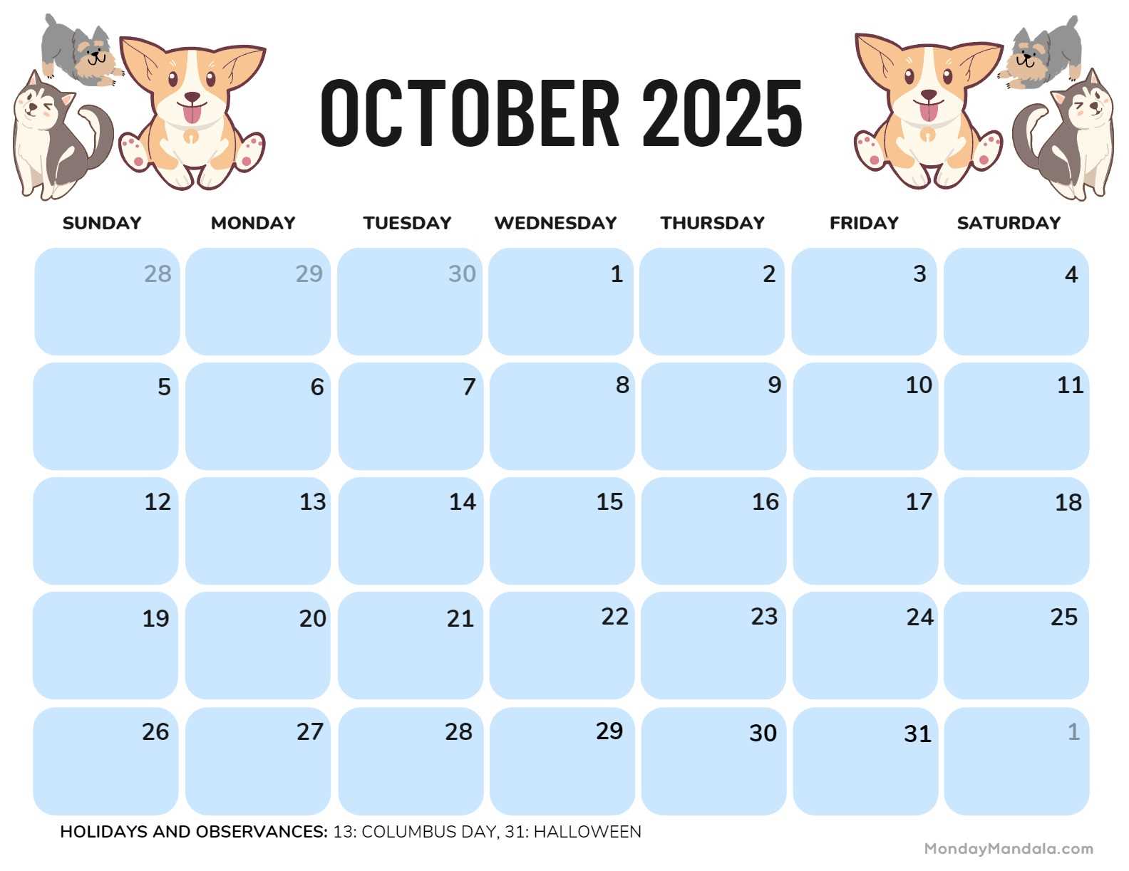 monthly calendar template october 2025