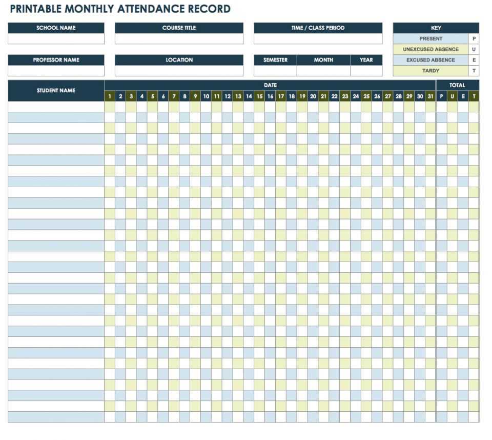 monthly attendance calendar template