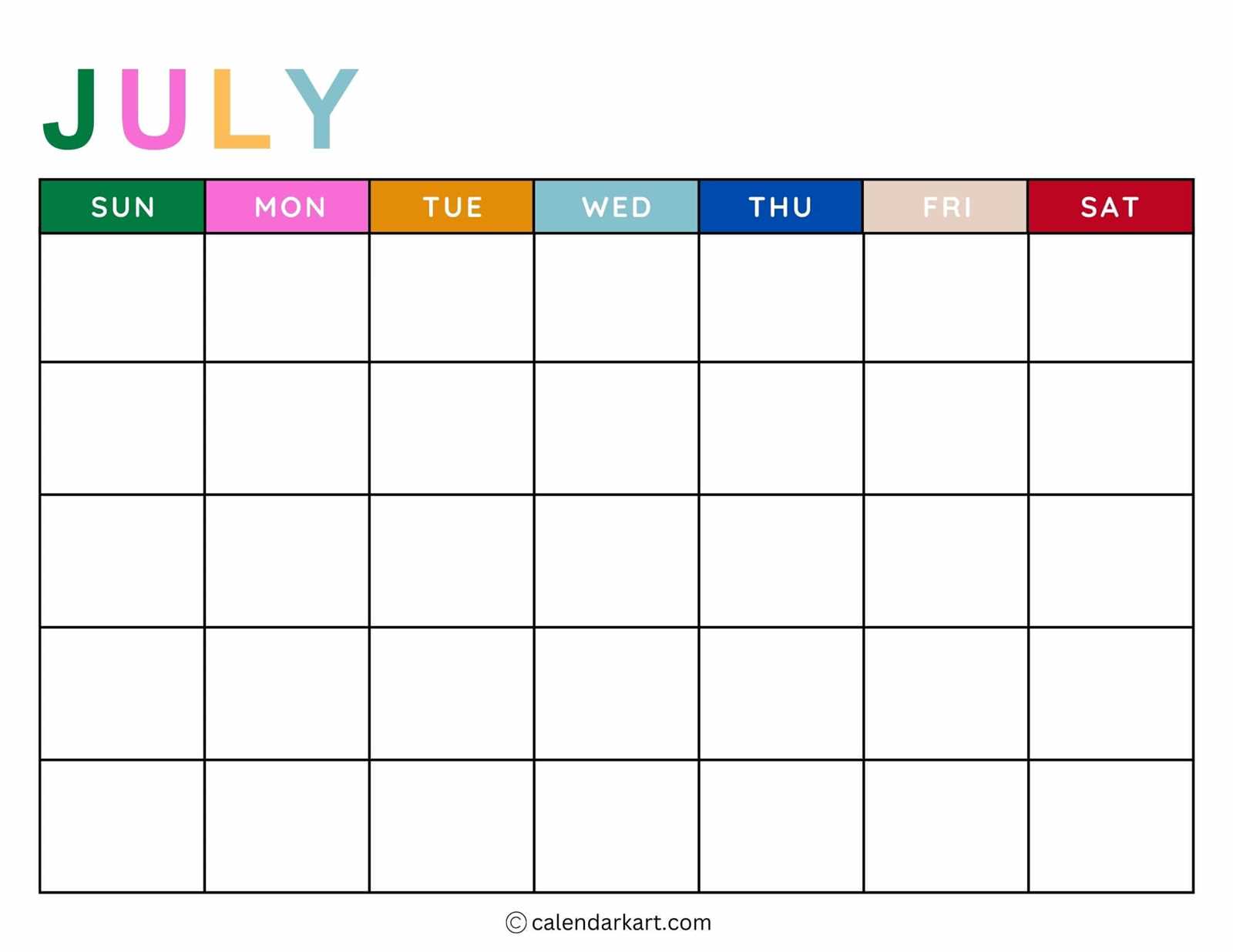 july monthly calendar template