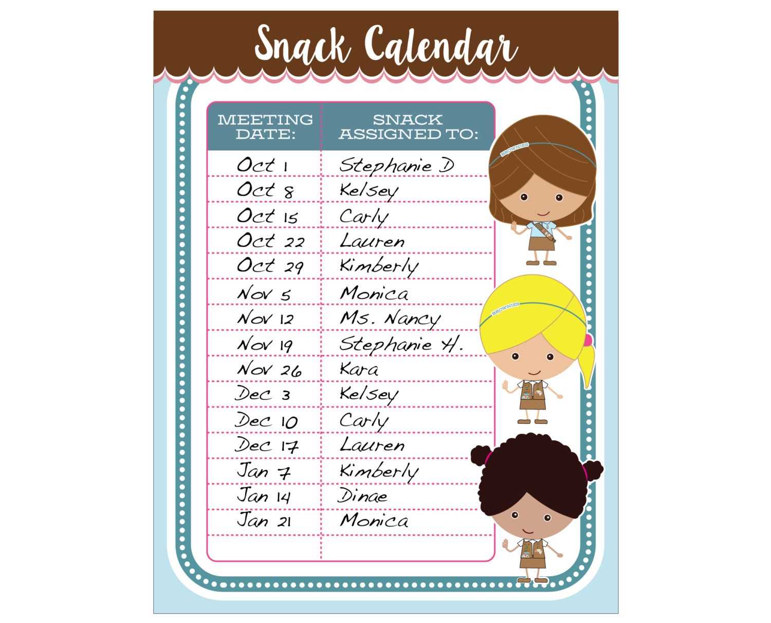 snack calendar template kindergarten