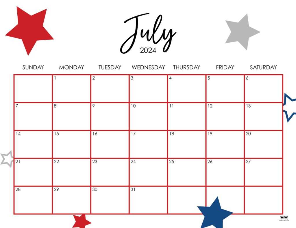 july monthly calendar template