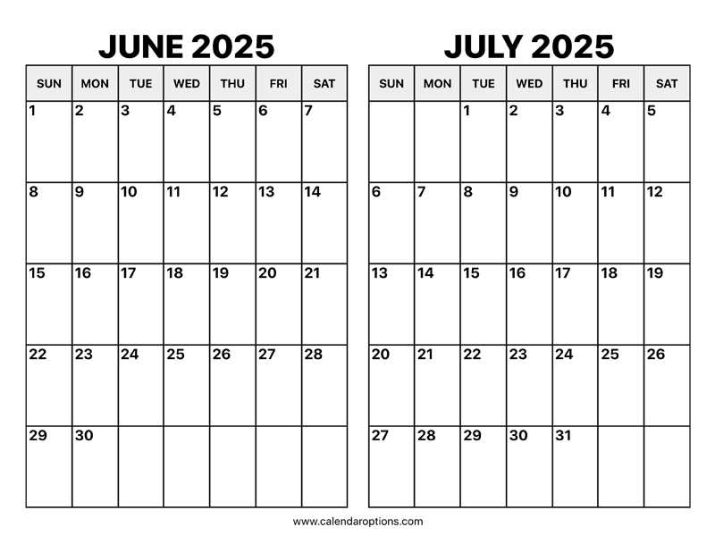 june and july 2025 calendar template