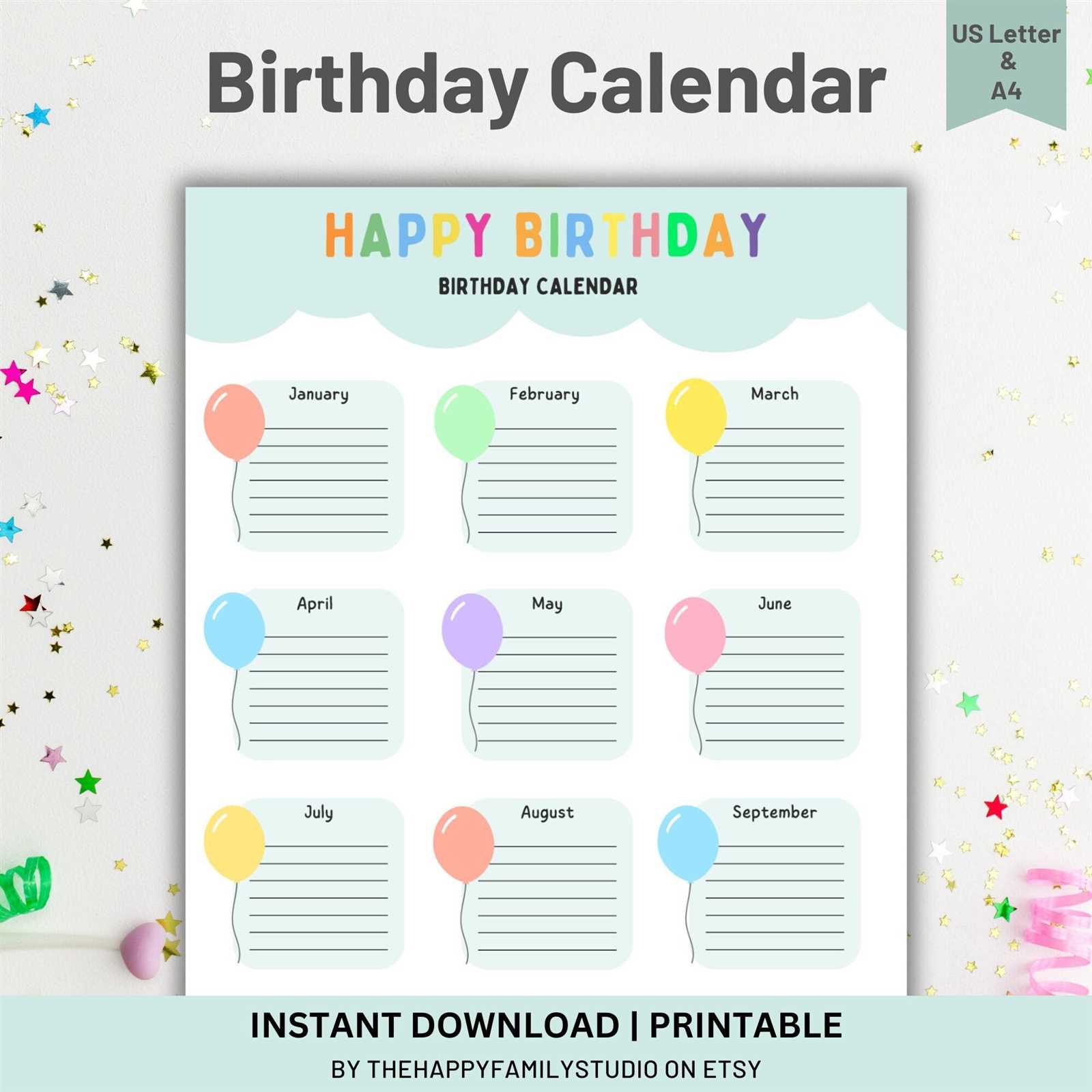 happy birthday calendar template