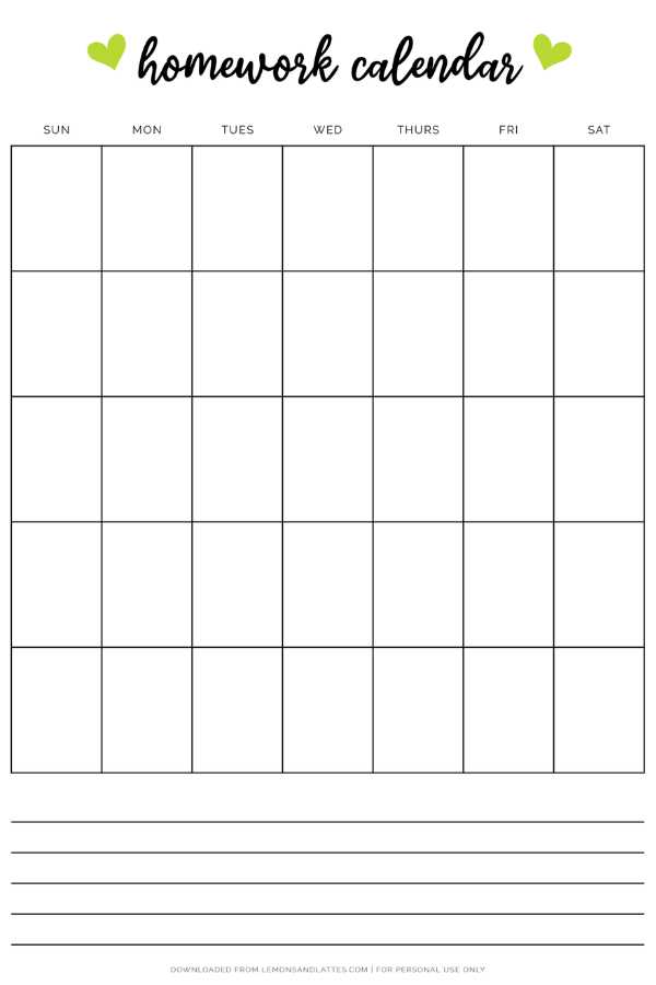 blank homework calendar template