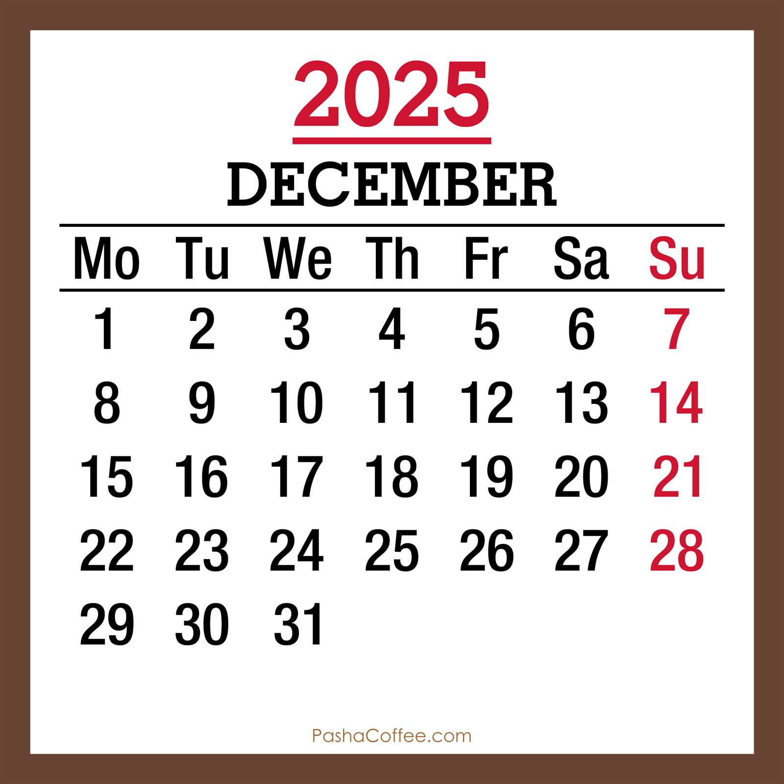 monthly calendar template december 2025