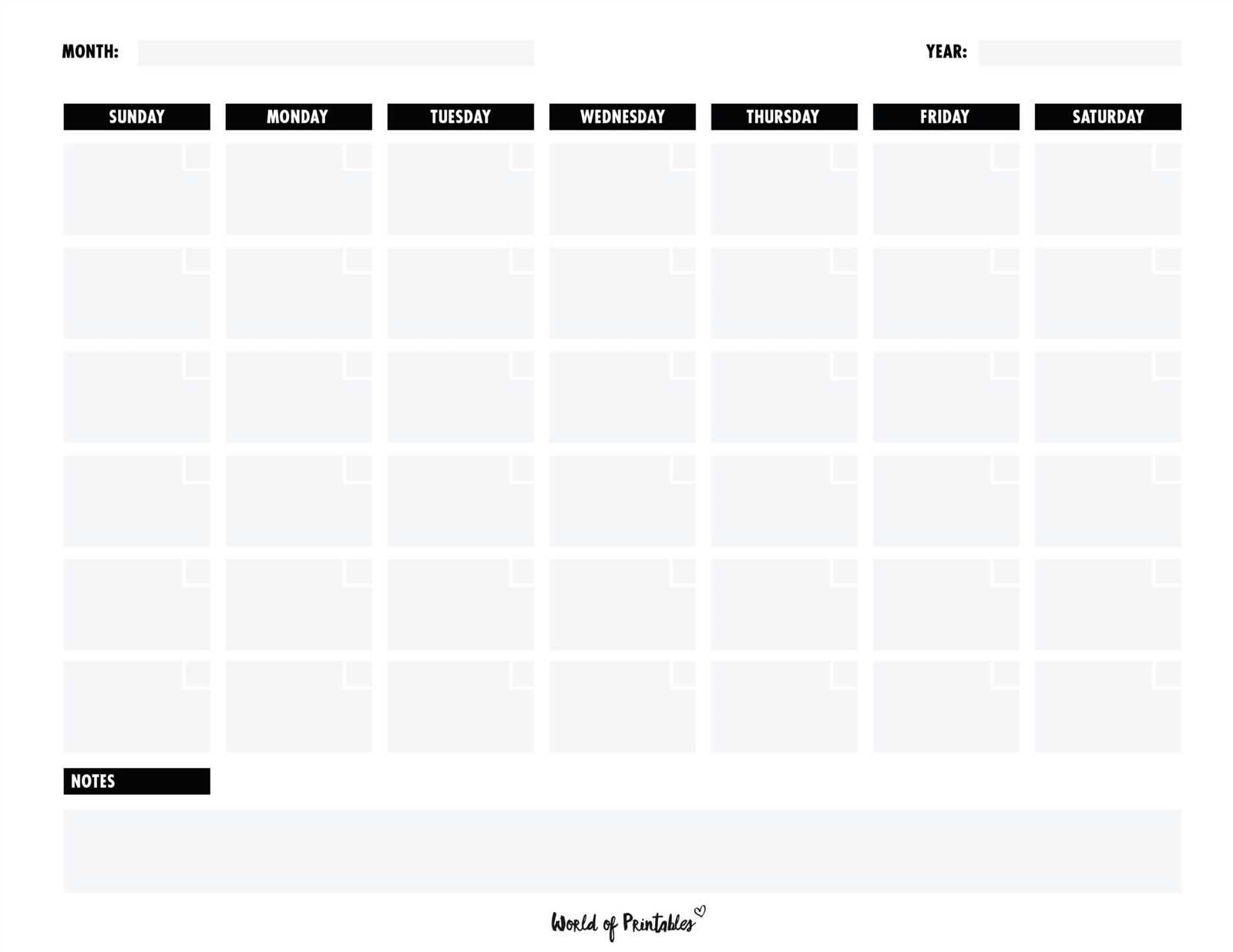 calendar with notes template
