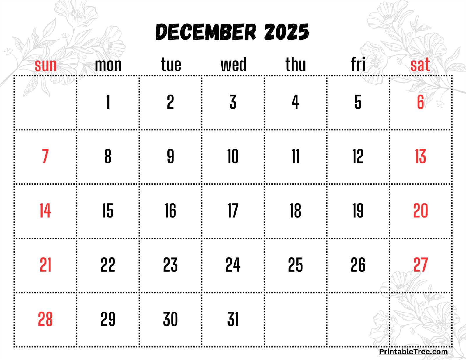 december calendar 2025 template