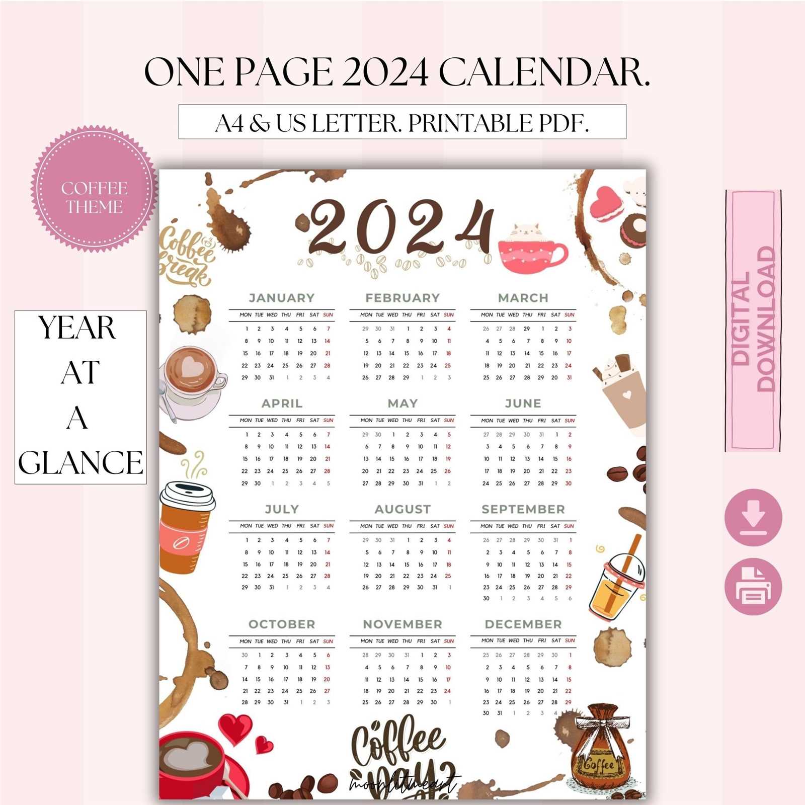 calendar template 12 months one page