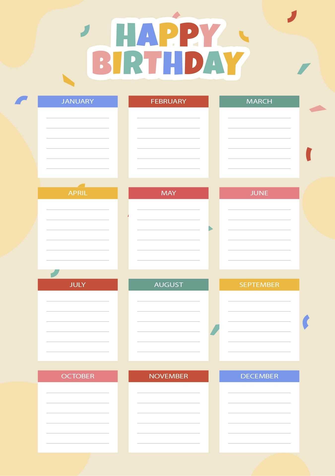 happy birthday calendar template