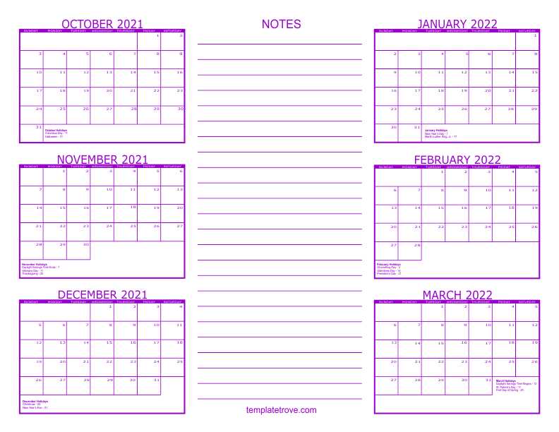 6 month calendar template