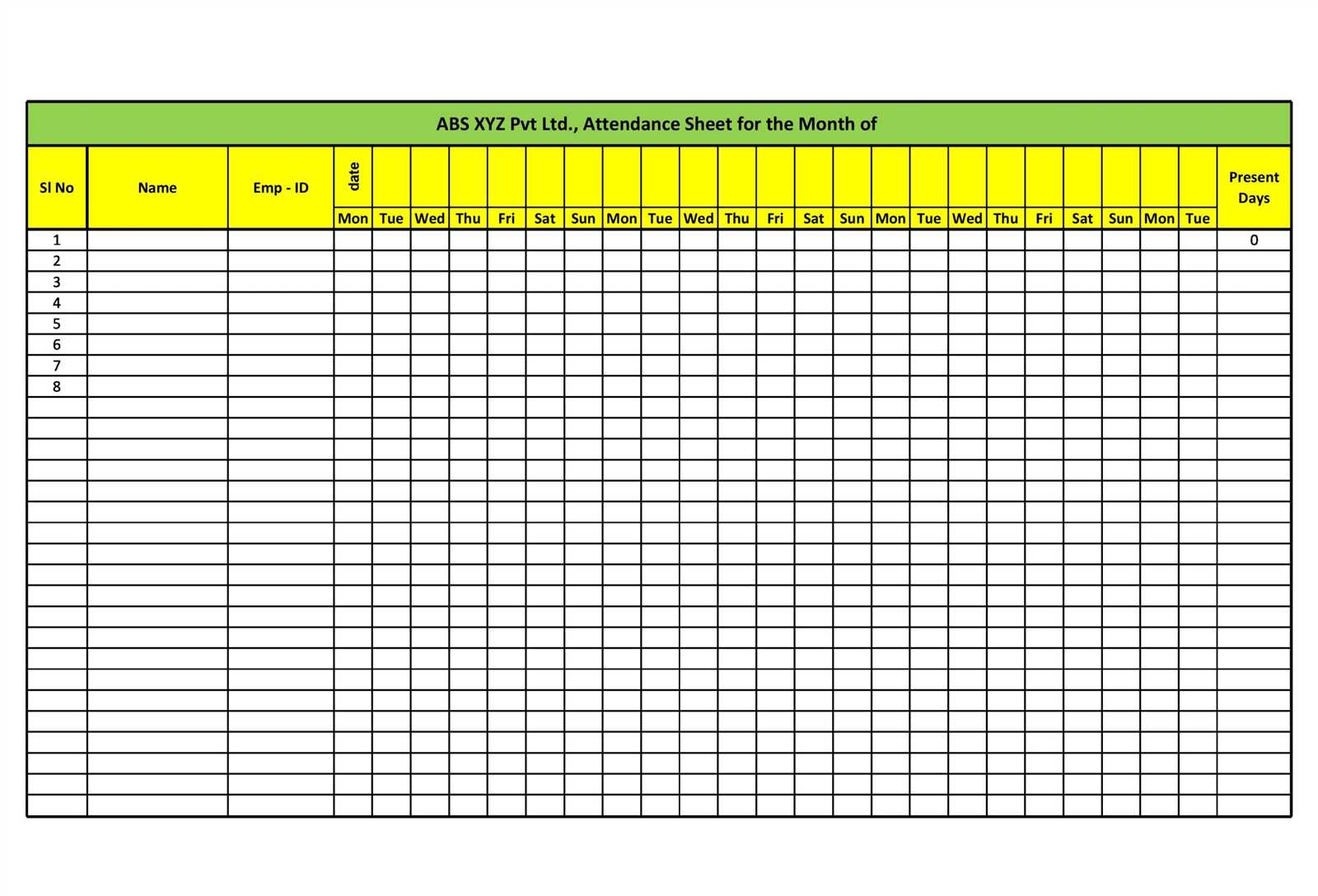 monthly attendance calendar template