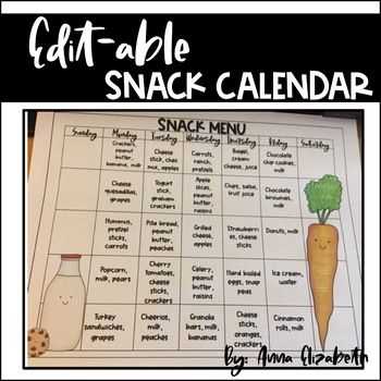 snack calendar template kindergarten