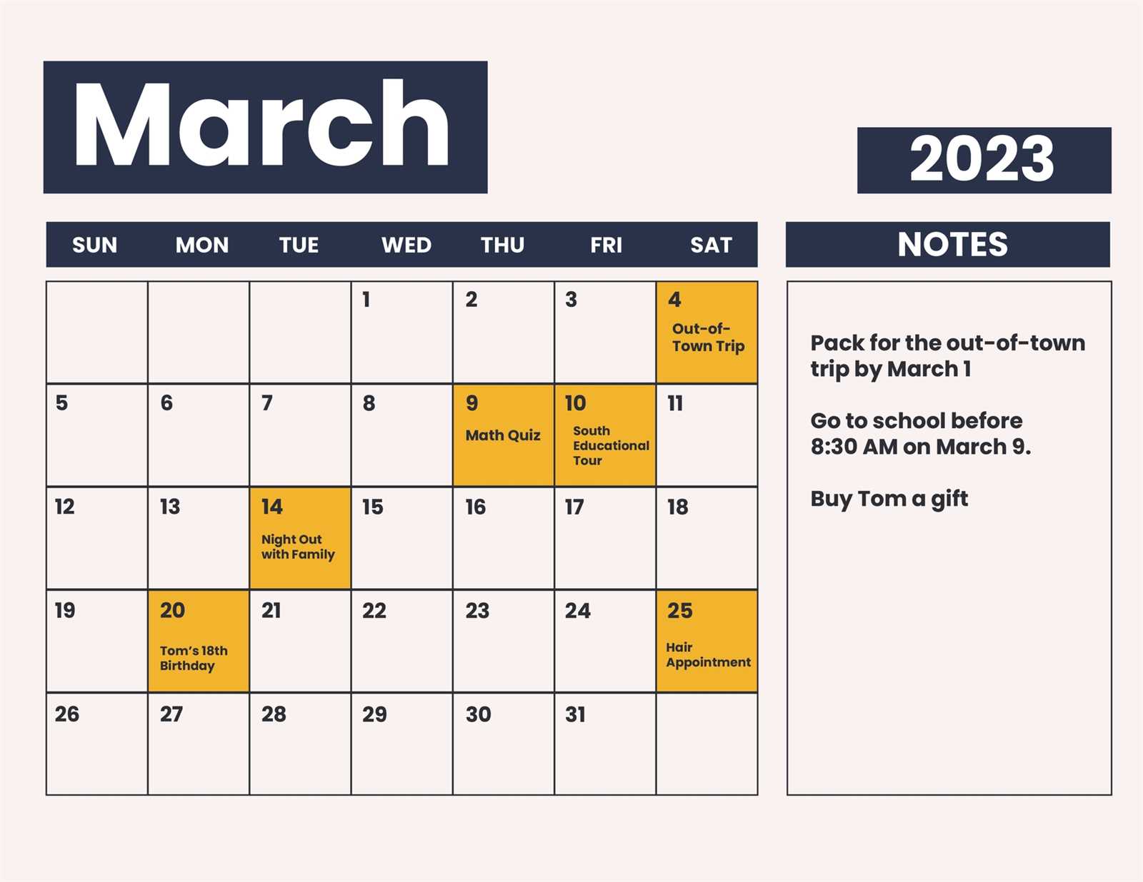 march template calendar