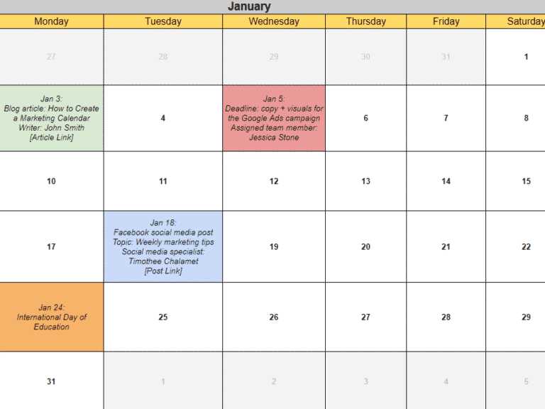 marketing activities calendar template