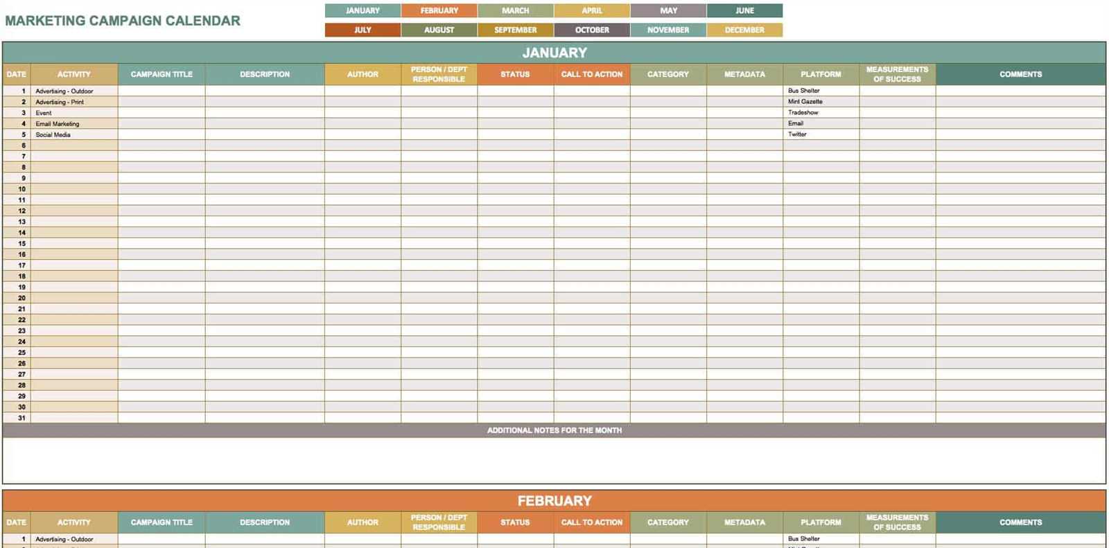 marketing plan marketing calendar template