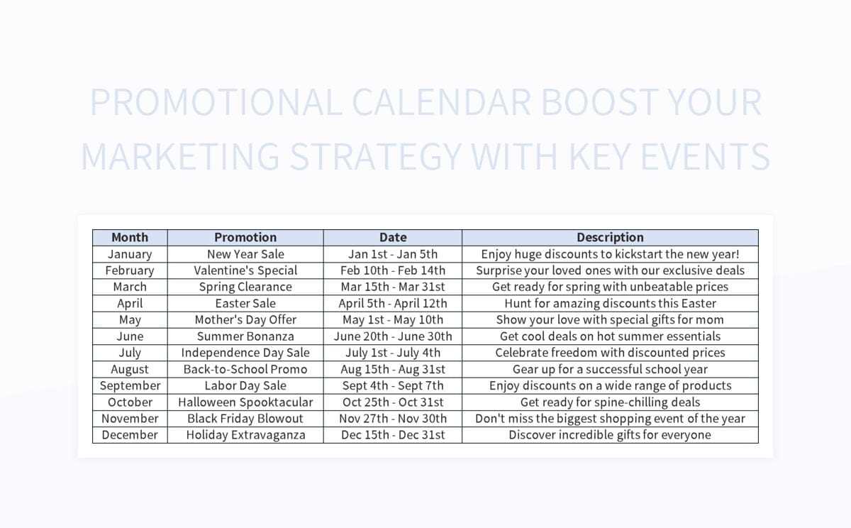 marketing promotional calendar template